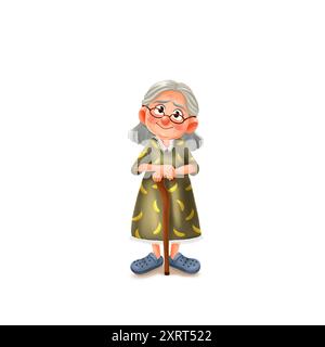 Elderly woman with glasses and cane in her hands. Nice granny. Cartoon illustration isolated on white background Stock Photo