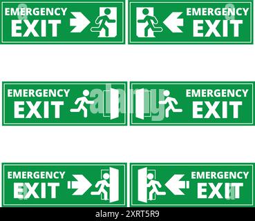 Green emergency  exit signs on a white background with copy space Stock Vector
