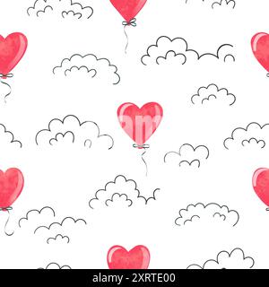 Flying heart shaped balloons seamless pattern. Vector romance illustration Stock Vector
