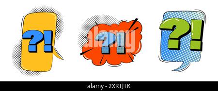 Explosion speech bubbles with text in trendy retro style. Comic sound effects. Question mark. Stock Vector