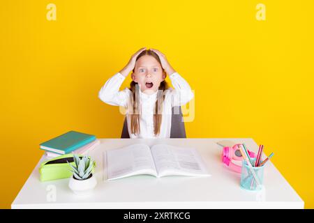 Photo portrait of cute little schoolgirl shocked impressed do homework dressed stylish uniform isolated on yellow color background Stock Photo