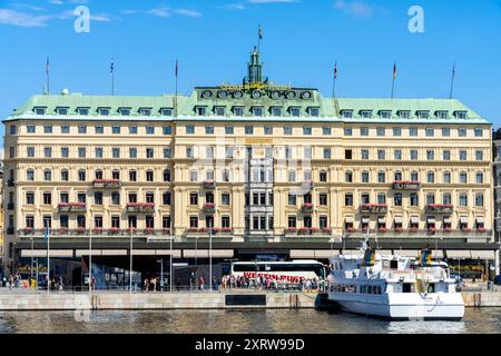 View of Grand Hotel building in Stockholm, Sweden. The Grand Hôtel is a five-star luxury hotel located on Blasieholmen in central Stockholm, founded i Stock Photo