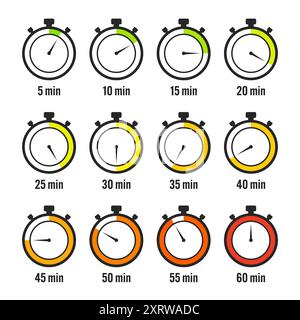 Stopwatch icons. Colorful simple chronometer, time counter with dial. Countdown timer showing hours and minutes. Deadline, measurement for sport Stock Vector