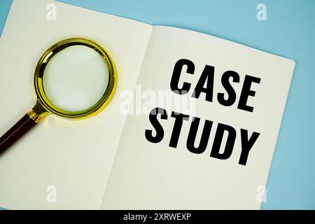 Case Study text message written on note page with magnifying glass Stock Photo