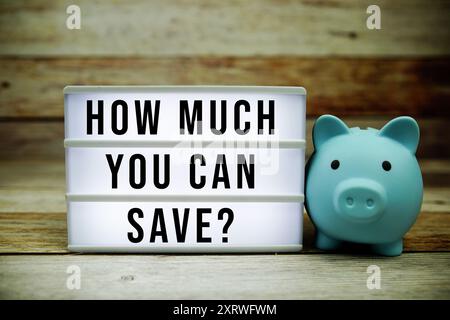 How much you can save? text on LED lightbox with piggy saving on wooden background, Money concept Stock Photo