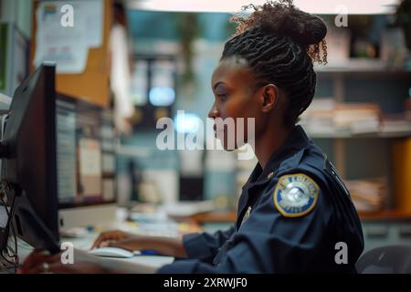 Security officer works on computer in police monitoring center with CCTV cameras Monitoring Room. Diverse employees work in security control center. Stock Photo
