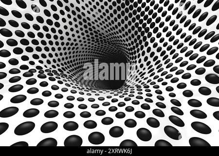 Abstract tunnel of many green dots form spiral. Black and white Abstract background. Particles. Spiral dots backdrop Stock Photo