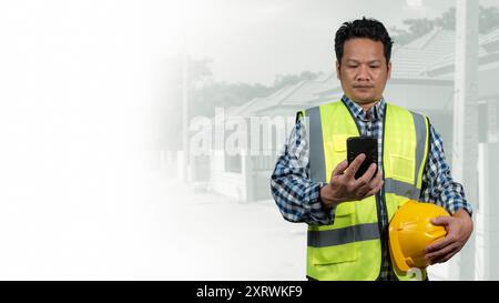 Engineer architect with protective helmet working at house building on construction site background, Housing projects, Residential construction projec Stock Photo