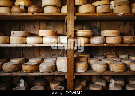 Beautiful cheese heads are stored on wooden shelves, in warehouse. View of rows of cheese wheels aging on wooden shelves in a dairy factory Stock Photo