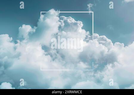 Blue neon light geometric square shape frame with stormy clouds, abstract minimal background, empty frame, cosmic landscape, glowing tunnel door with Stock Photo
