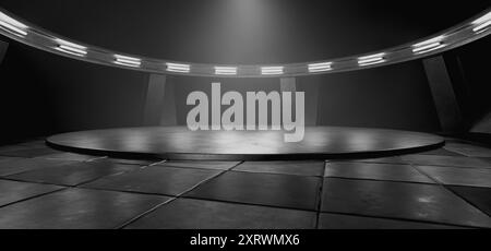 Showroom. Exhibition hall. Podium for car. Hangar with metal tiles. Industrial background. Futuristic corridor with tiles. Dark empty warehouse with p Stock Photo