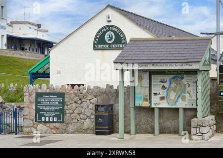 Visitor Centre on Great Orme headland many attractions near Llandudno town dual language resort information in small shelter top of Great Orme Wales Stock Photo