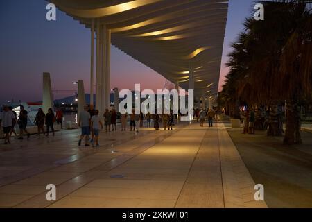 Muelle Dos promenade named 'The Palm Garden of Surprises' (Palmeral de las Sorpresas) with white wave (2011). Málaga, Spain. Stock Photo