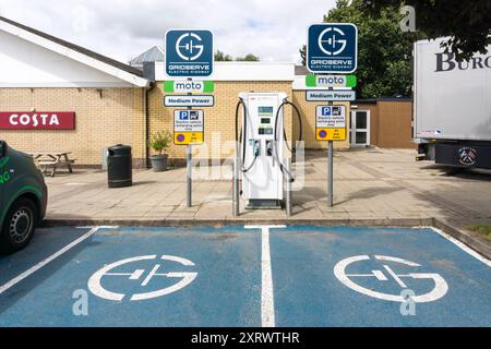 Two Gridserve medium power ev charging points at the Moto Blyth services on the A1M motorway. Stock Photo