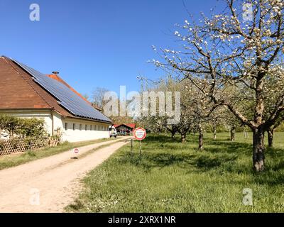 A house with a red roof and a white building next to it. The house has a solar panel on the roof. There is a red sign on the road that says 'no parkin Stock Photo