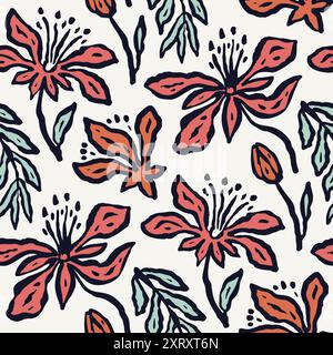 Inky brush strokes floral seamless pattern Stock Vector