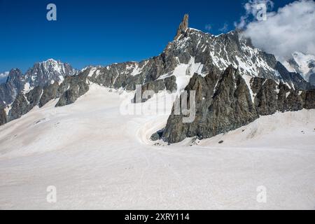 view of the mountain peak dent du geant near mont blanc under a sunny blue sky Stock Photo