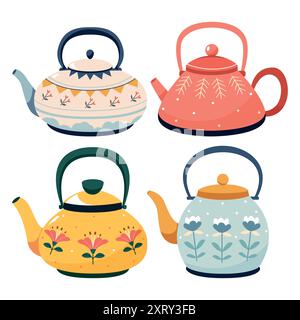 Cute teapots collection. Cozy tea pots, kettles, kitchenware, crockery designs with floral prints, patterns.Tea set. Herbs, herbal tea Stock Vector