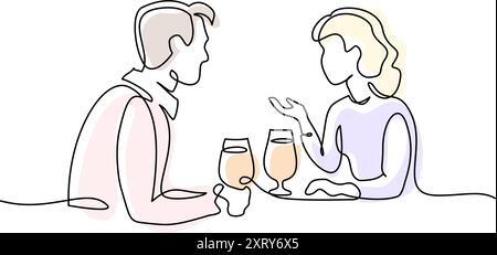 Man and woman drinking beer or wine. Continuous one line drawing. Stock Vector