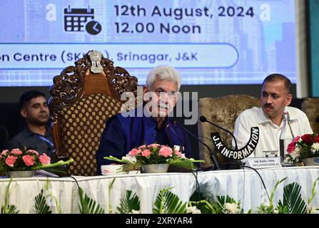 Srinagar, India. 12th Aug, 2024. SRINAGAR, INDIA - AUGUST 12: Jammu and Kashmir Lt. Governor Manoj Sinha is speaking during a press conference at Sher-i-Kashmir International Conference Centre (SKICC) on August 12, 2024 in Srinagar, India. (Photo by Waseem Andrabi/Hindustan Times/Sipa USA) Credit: Sipa USA/Alamy Live News Stock Photo