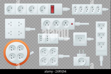 Power strips. Plastic sockets and adapters different types. Devices for connecting to electric circuit. Extension cords and tees. USB port shapes Stock Vector