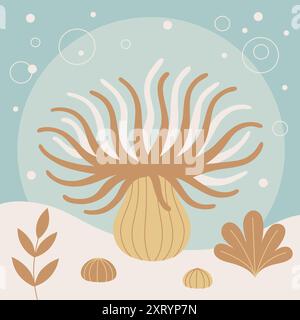A flat art vector illustration featuring a Sea anemone. Stock Vector