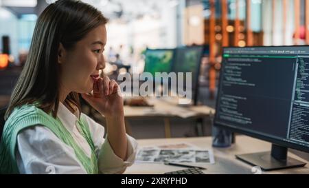 Female Asian Game Programmer Coding On Desktop Computer In Game Development Studio Diverse Office. Focused Woman Writes Lines Of Code, Does AI Engineering For New Immersive 3D Survival Video Game Stock Photo