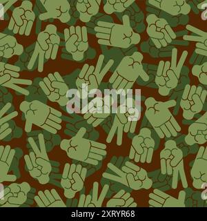 Rock, paper, scissors Military pattern seamless. Hand fist game army background. Fingers game camouflage ornament. Stock Vector