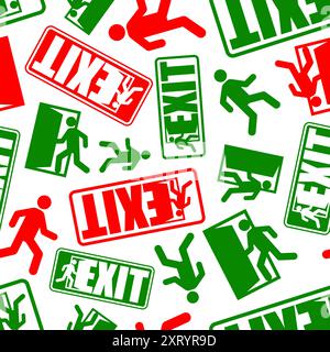 Exit sign evacuation pattern seamless. Man exiting door symbol background. Exit sign for evacuation direction texture Stock Vector