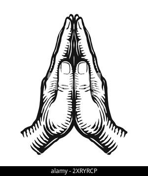 Pray, faith and hope emblem. Hands in praying position sketch. Hand drawn vector illustration Stock Vector