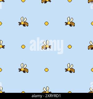 Bee pixel art pattern seamless. insect honeybee 8 bit background. Baby fabric texture Stock Vector