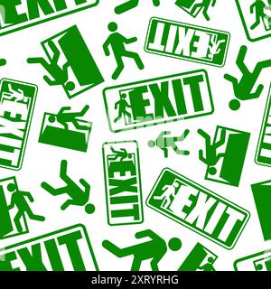 Exit sign evacuation pattern seamless. Man exiting door symbol background. Exit sign for evacuation direction texture Stock Vector