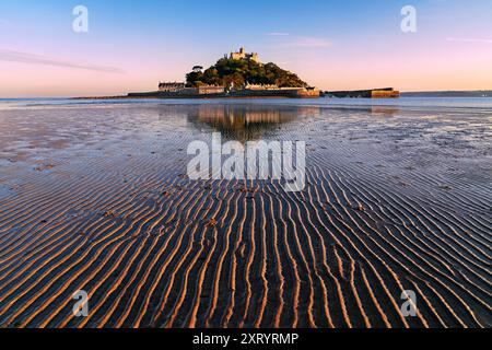 Mount Saint Michael at the sunset with sand ripples in Penzance, United Kingdom. Stock Photo
