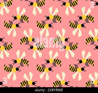 Bee pixel art pattern seamless. insect honeybee 8 bit background. Baby fabric texture Stock Vector