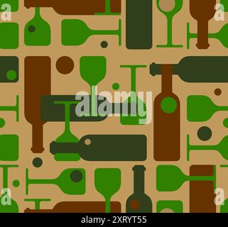 Bottles and glasses Military pattern seamless. Bottle and glass Army background. Alcohol camouflage texture Stock Vector