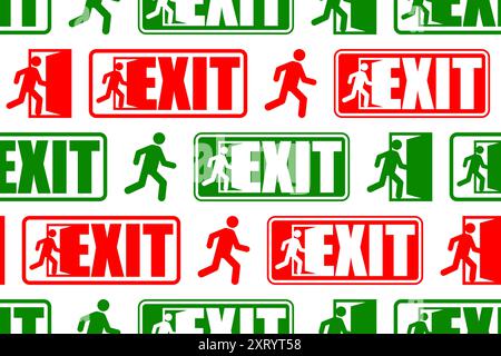 Exit sign evacuation pattern seamless. Man exiting door symbol background. Exit sign for evacuation direction texture Stock Vector