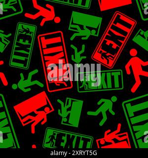 Exit sign evacuation pattern seamless. Man exiting door symbol background. Exit sign for evacuation direction texture Stock Vector
