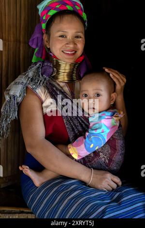 Karen long neck woman and child in Chiang Rai, Thailand. Stock Photo