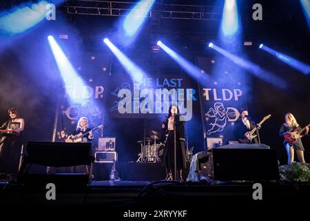 Roskilde, Denmark. 04th, July 2024. The British indie rock band The Last Dinner Party performs a live concert during the Danish music festival Roskilde Festival 2024 in Roskilde. Here singer Abigail Morris is seen live on stage. Stock Photo