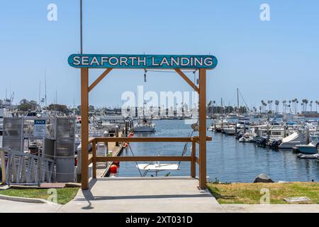 San Diego, CA, USA - May 3, 2024: Sign for fish caught display dockside at Seaforth Landing in San Diego, California. Stock Photo