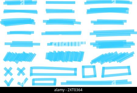 Set of blue highlight marker lines, frames, cross and checkmark signs. Different hand-drawn pen or brush underlines for important text selection isolated on white background. Vector illustration. Stock Vector