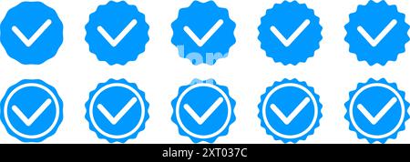 Set of tick icons. Checkmark tags. Approved signs in round wavy shapes. Done buttons. Best choice, original, quality or verification symbols isolated on white background. Vector flat illustration. Stock Vector