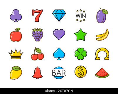 Colorful slot casino machine icons. Slot machine casino symbols fruits, numbers, lucky charms apple grape lemon seven win sign Stock Vector