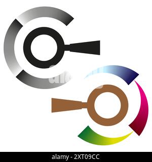 Magnifying glass icons. Black and colored. Search and analysis symbols. Vector illustration. Stock Vector