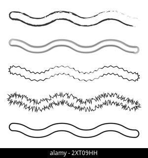 Wavy line patterns. Six black and white designs. Various styles and textures. Vector illustration. Stock Vector