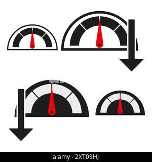 Speedometer icon set. Red arrow indicator. Black and white gauges. Simple vector design. Stock Vector