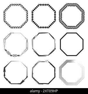 Octagonal frames set. Nine different octagon borders. Black and white vector illustrations. Simple geometric designs. Stock Vector