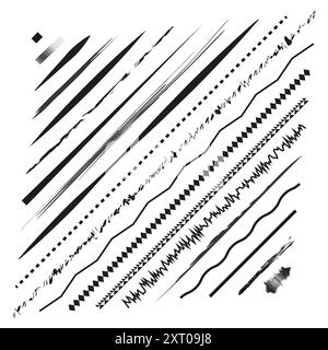 Various line patterns. Black ink. Decorative and artistic. Vector illustration. Stock Vector