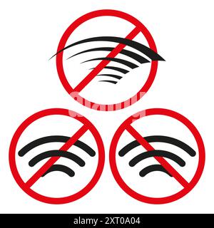No Wi Fi icons. Red circle with slash over black Wi Fi symbols. Prohibition signs. Stock Vector