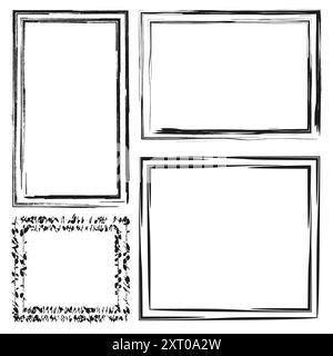 Hand drawn rectangular frames. Four black designs. Rough and decorative styles. White background. Stock Vector